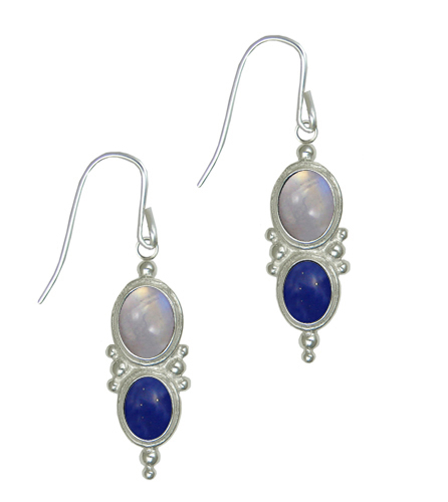 Sterling Silver Drop Dangle Earrings With Rainbow Moonstone And Lapis Lazuli